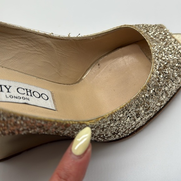 Jimmy  Choo Baxen Woven Metallic Peep Toe Wedge Heels Gold Glitter Size 38 - Picture 13 of 16